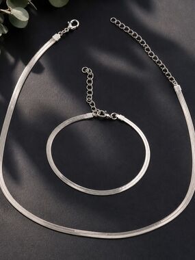Women Silver Herringbone Necklace Bracelet Set